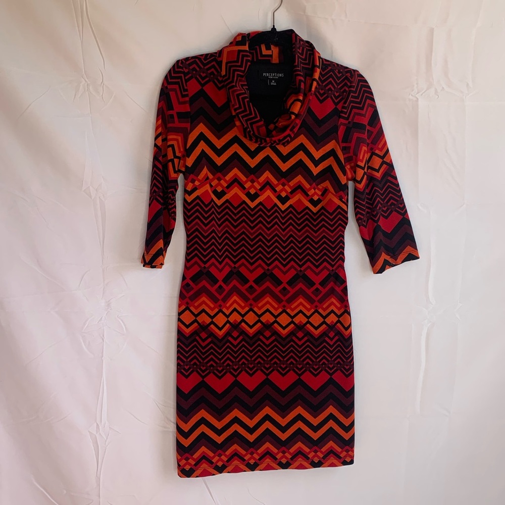 Vntg Perceptions New York Black Red Orange Chevron BodyCon Cowl Neck Mini Dress